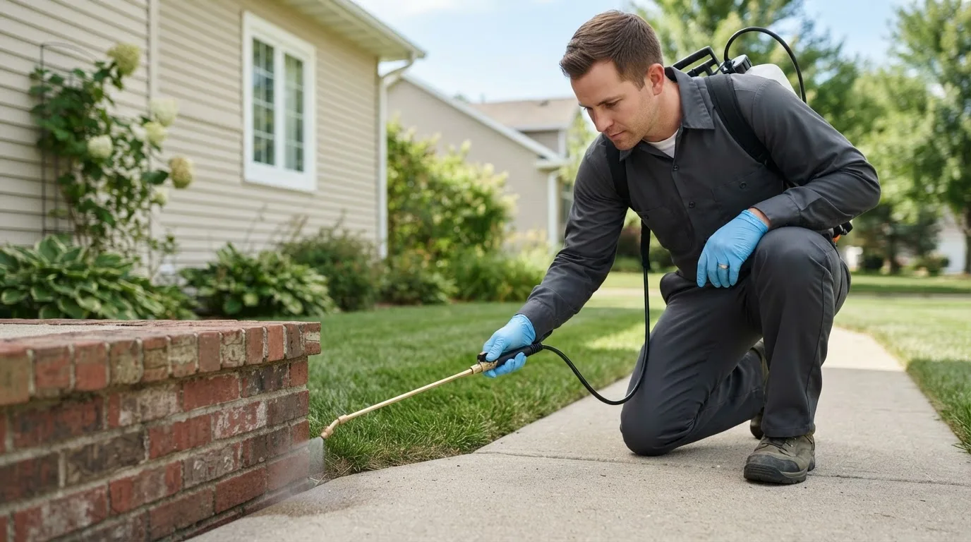Pest control technician treating a home near Coalton, OH