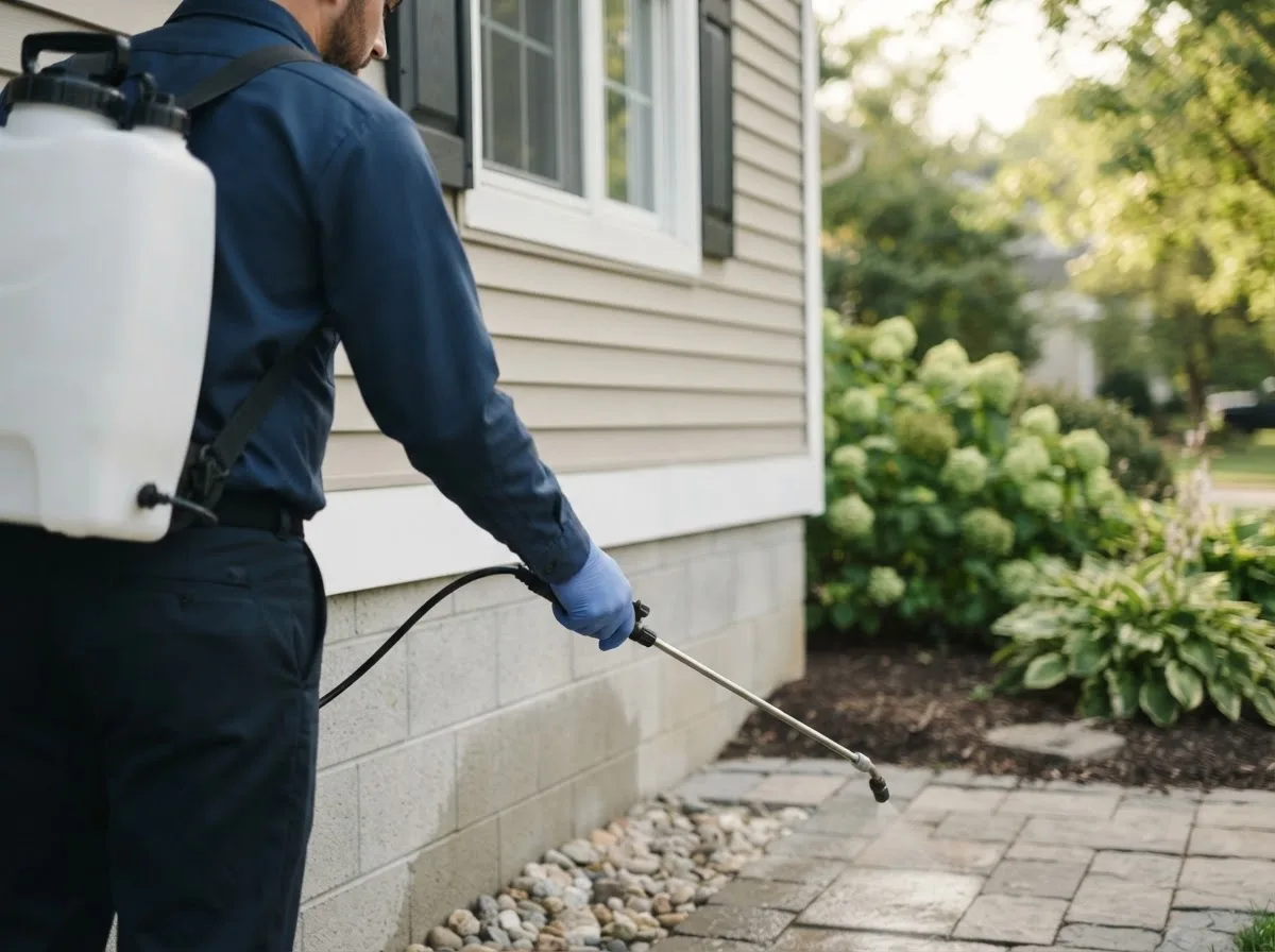 Pest control technician inspecting a home in Coalton, OH